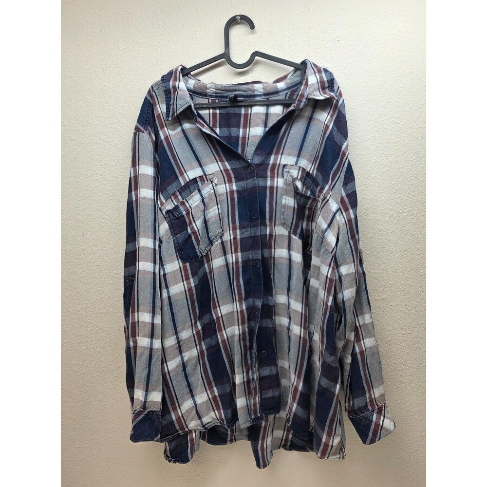 Kut from the Kloth Women's Plus 3X Flannel Shirt Blue Plaid Button Up Long Sleev